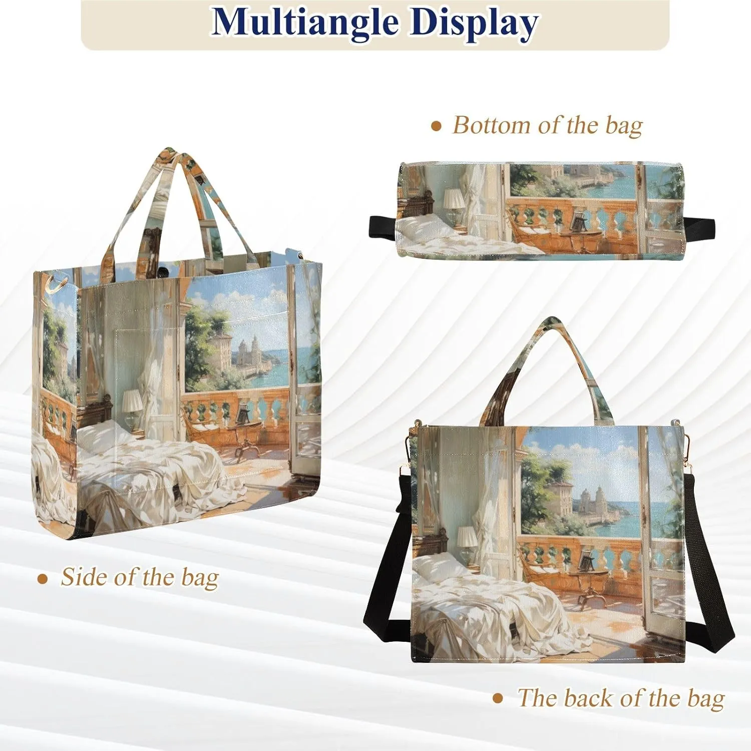 Corduroy Tote Bag Seaside Bedroom Oil Painting Women Crossbody Bag with Detachable and Adjustable Shoulder Strap