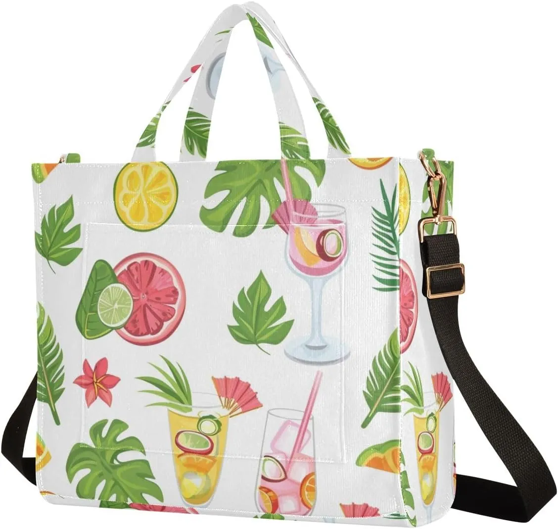 Corduroy Tote Bag Tropical Leaves Orange and Juice Women Crossbody Bag with Detachable and Adjustable Shoulder Strap