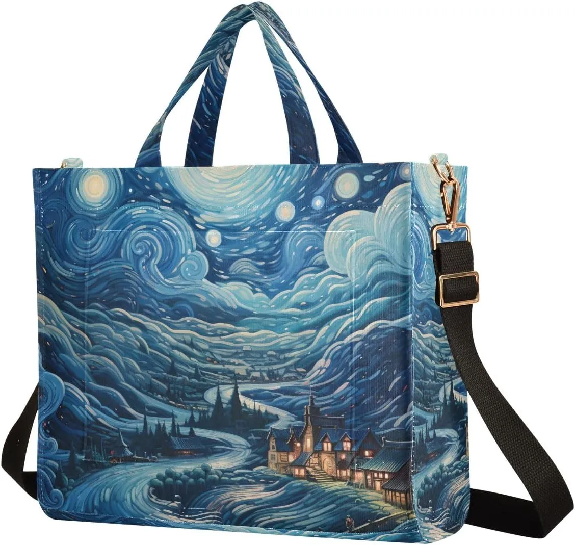 Corduroy Tote Bag Village Starry Night and Clouds Women Crossbody Bag with Detachable and Adjustable Shoulder Strap