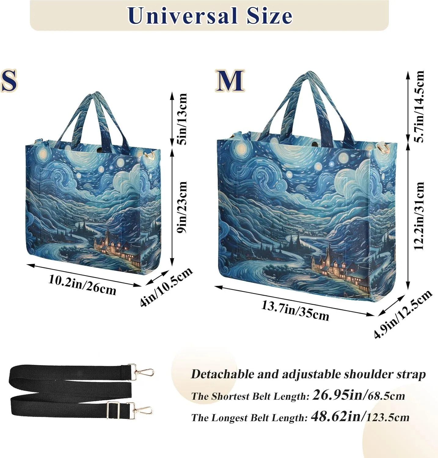 Corduroy Tote Bag Village Starry Night and Clouds Women Crossbody Bag with Detachable and Adjustable Shoulder Strap