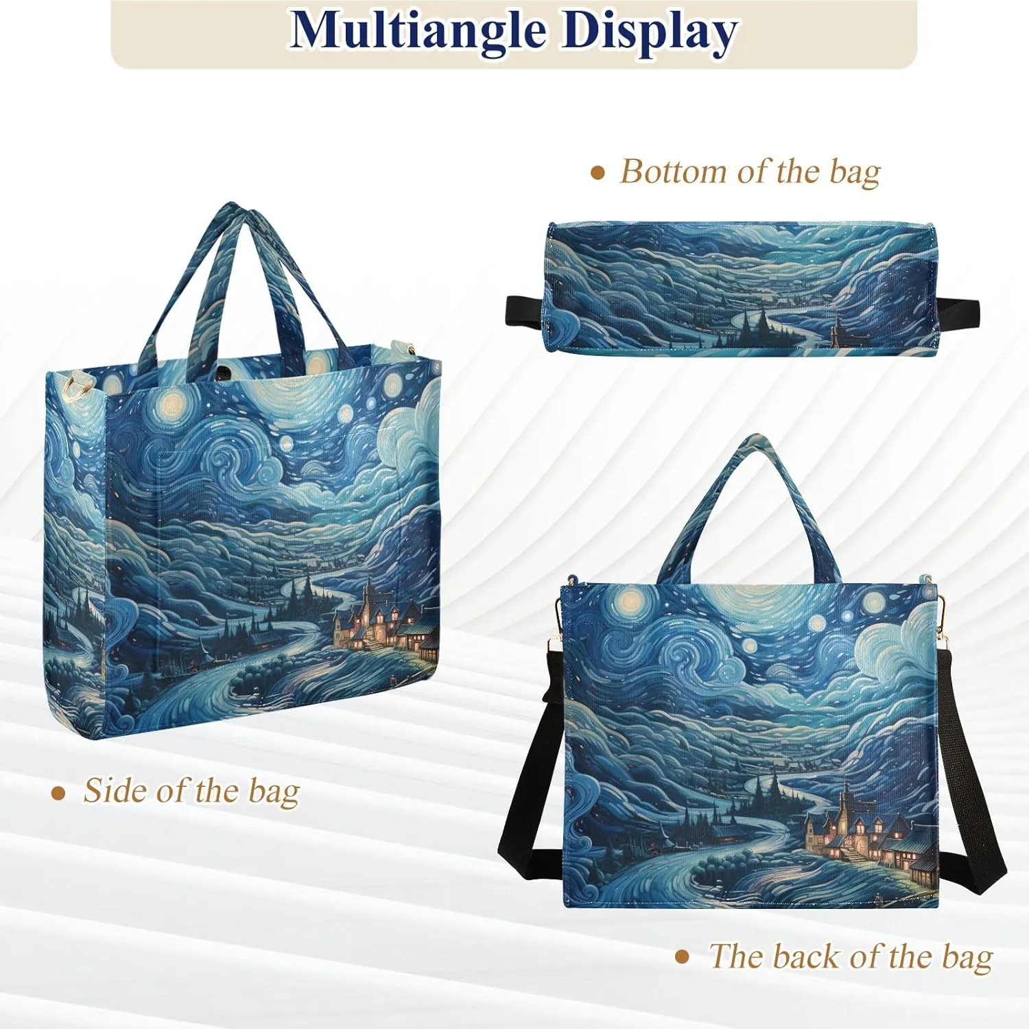 Corduroy Tote Bag Village Starry Night and Clouds Women Crossbody Bag with Detachable and Adjustable Shoulder Strap