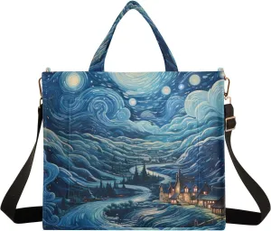 Corduroy Tote Bag Village Starry Night and Clouds Women Crossbody Bag with Detachable and Adjustable Shoulder Strap