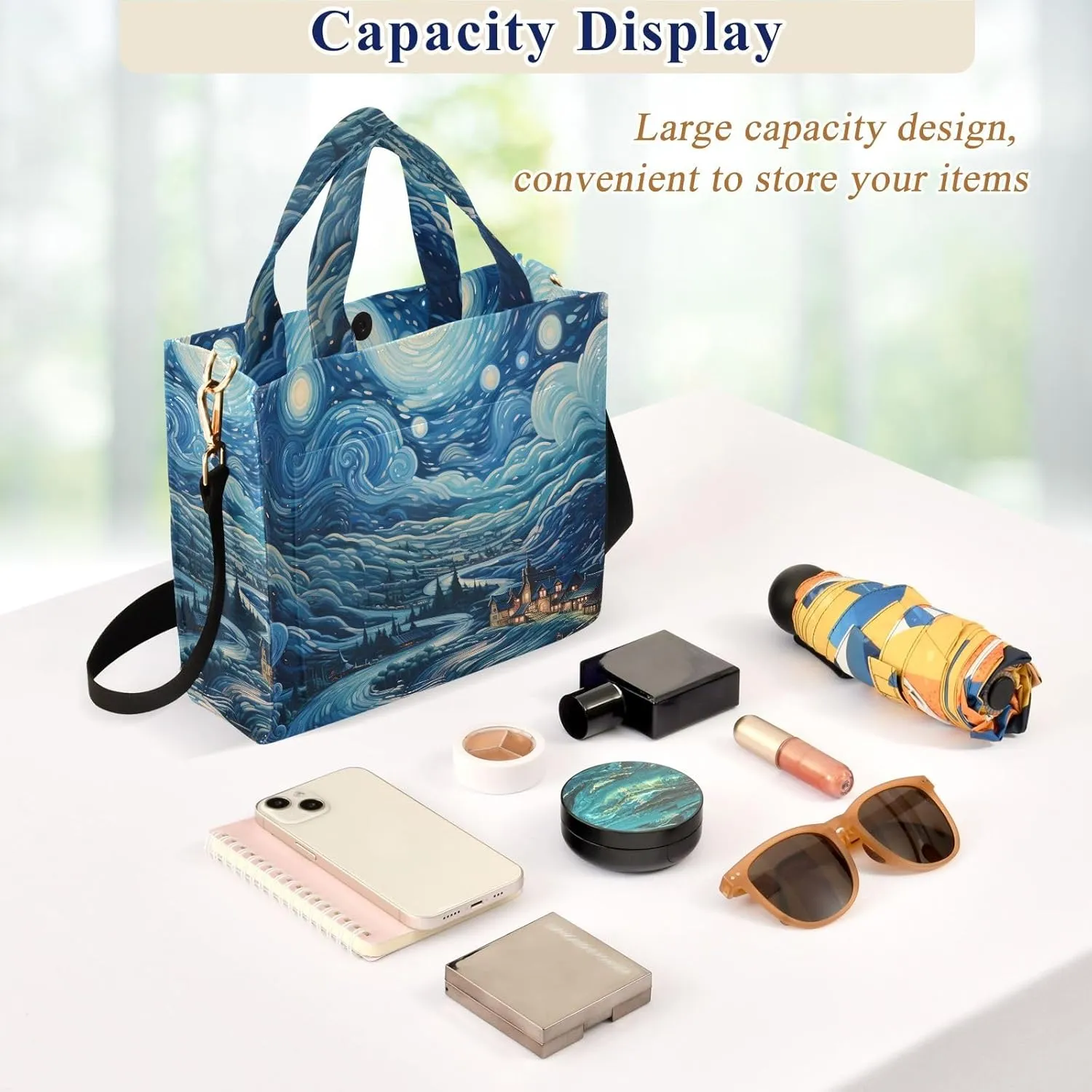 Corduroy Tote Bag Village Starry Night and Clouds Women Crossbody Bag with Detachable and Adjustable Shoulder Strap
