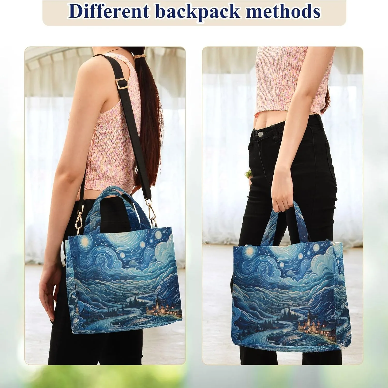 Corduroy Tote Bag Village Starry Night and Clouds Women Crossbody Bag with Detachable and Adjustable Shoulder Strap