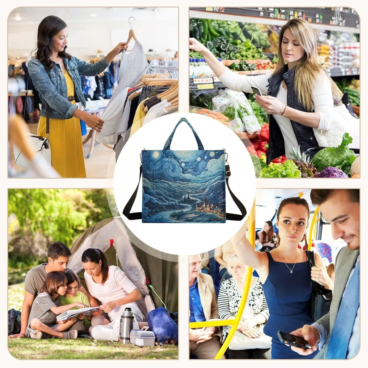 Corduroy Tote Bag Village Starry Night and Clouds Women Crossbody Bag with Detachable and Adjustable Shoulder Strap