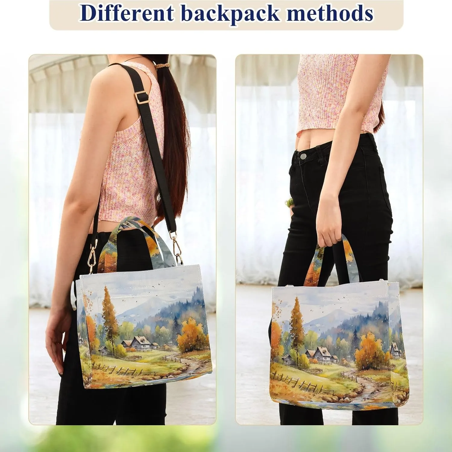 Corduroy Tote Bag Village View Painting Women Crossbody Bag with Detachable and Adjustable Shoulder Strap