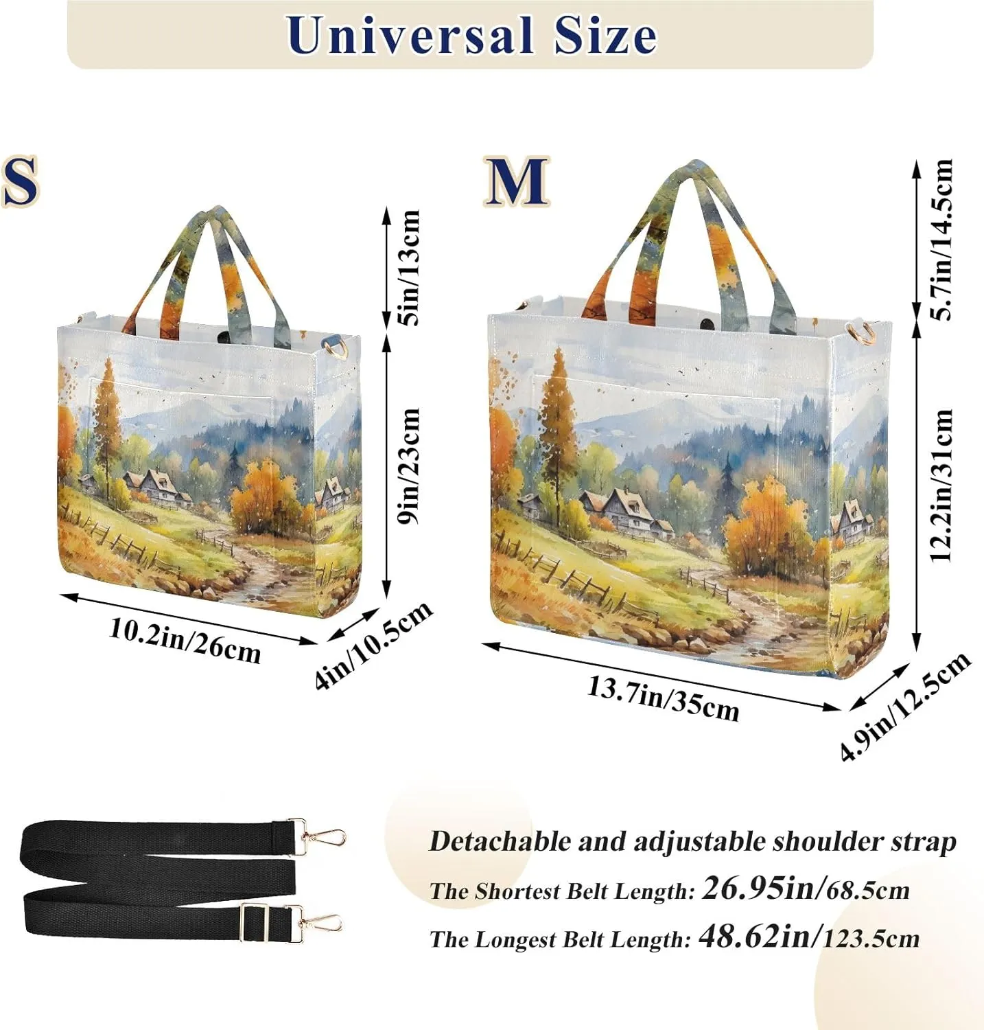 Corduroy Tote Bag Village View Painting Women Crossbody Bag with Detachable and Adjustable Shoulder Strap
