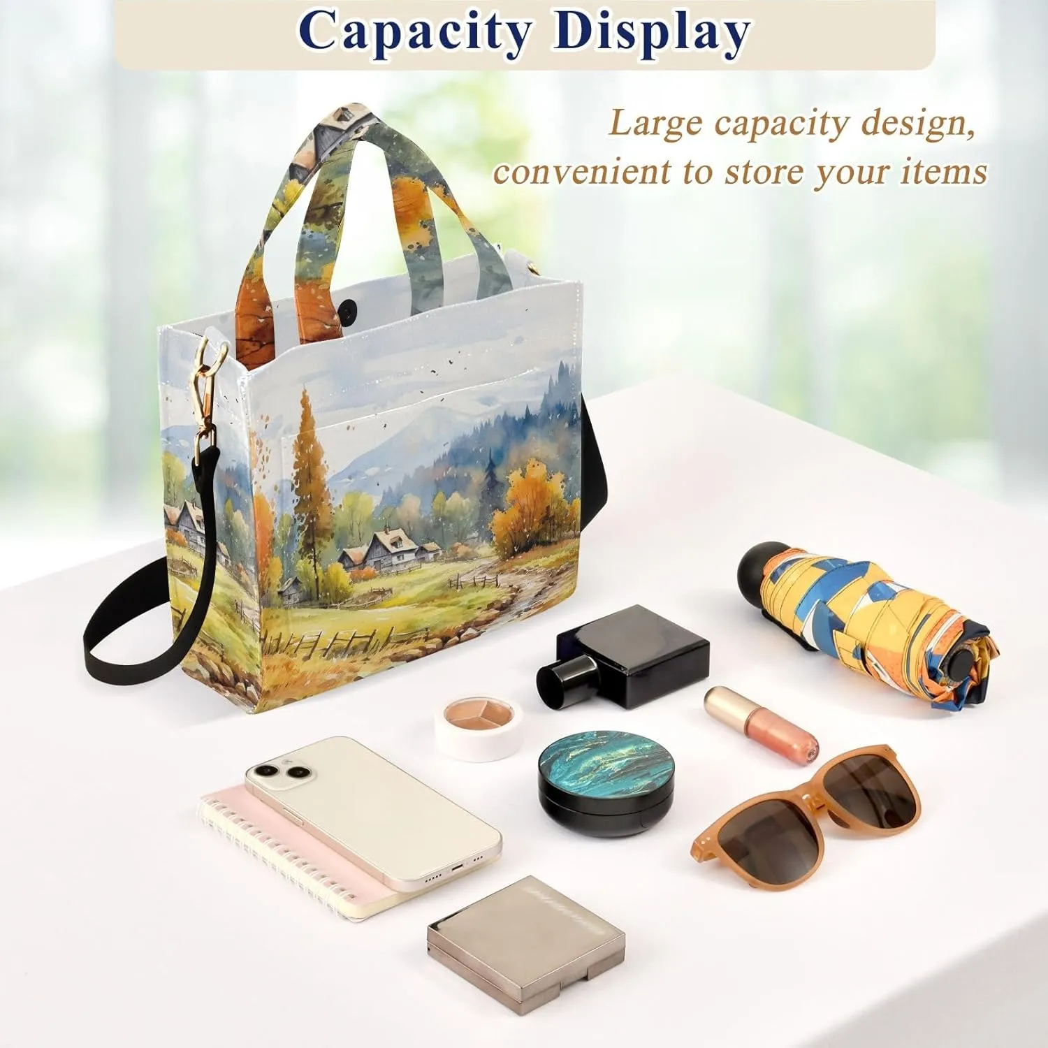 Corduroy Tote Bag Village View Painting Women Crossbody Bag with Detachable and Adjustable Shoulder Strap