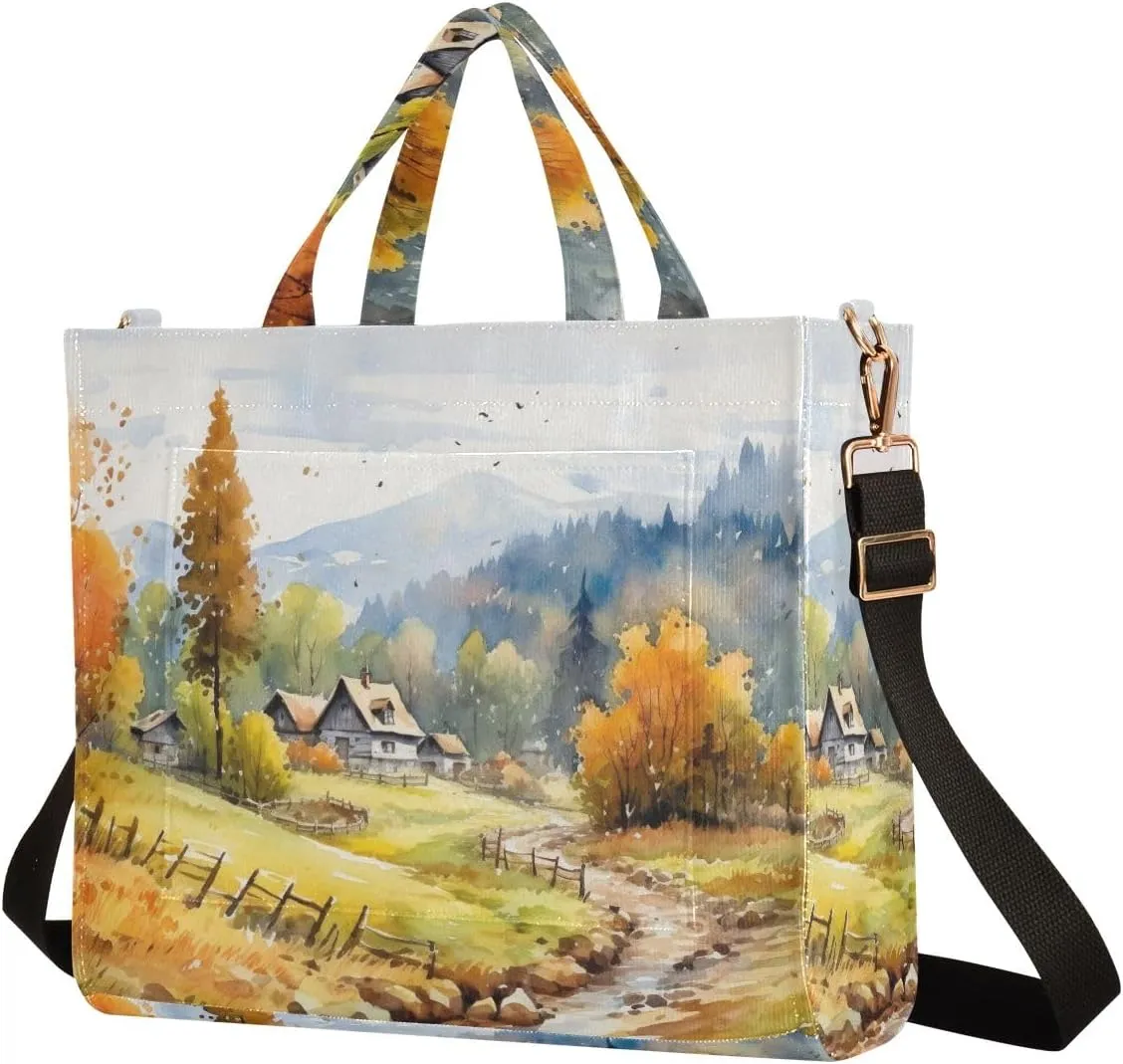 Corduroy Tote Bag Village View Painting Women Crossbody Bag with Detachable and Adjustable Shoulder Strap