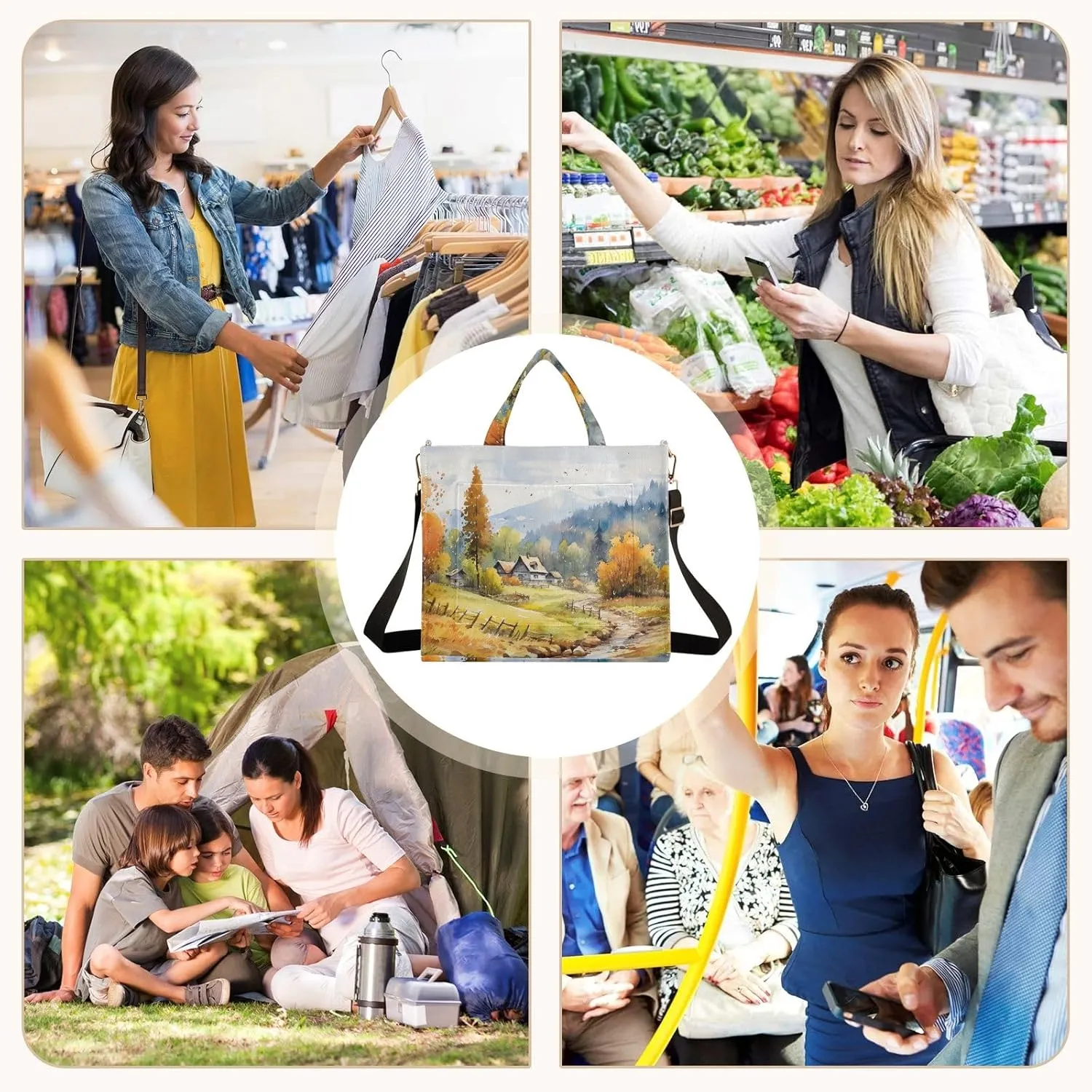 Corduroy Tote Bag Village View Painting Women Crossbody Bag with Detachable and Adjustable Shoulder Strap