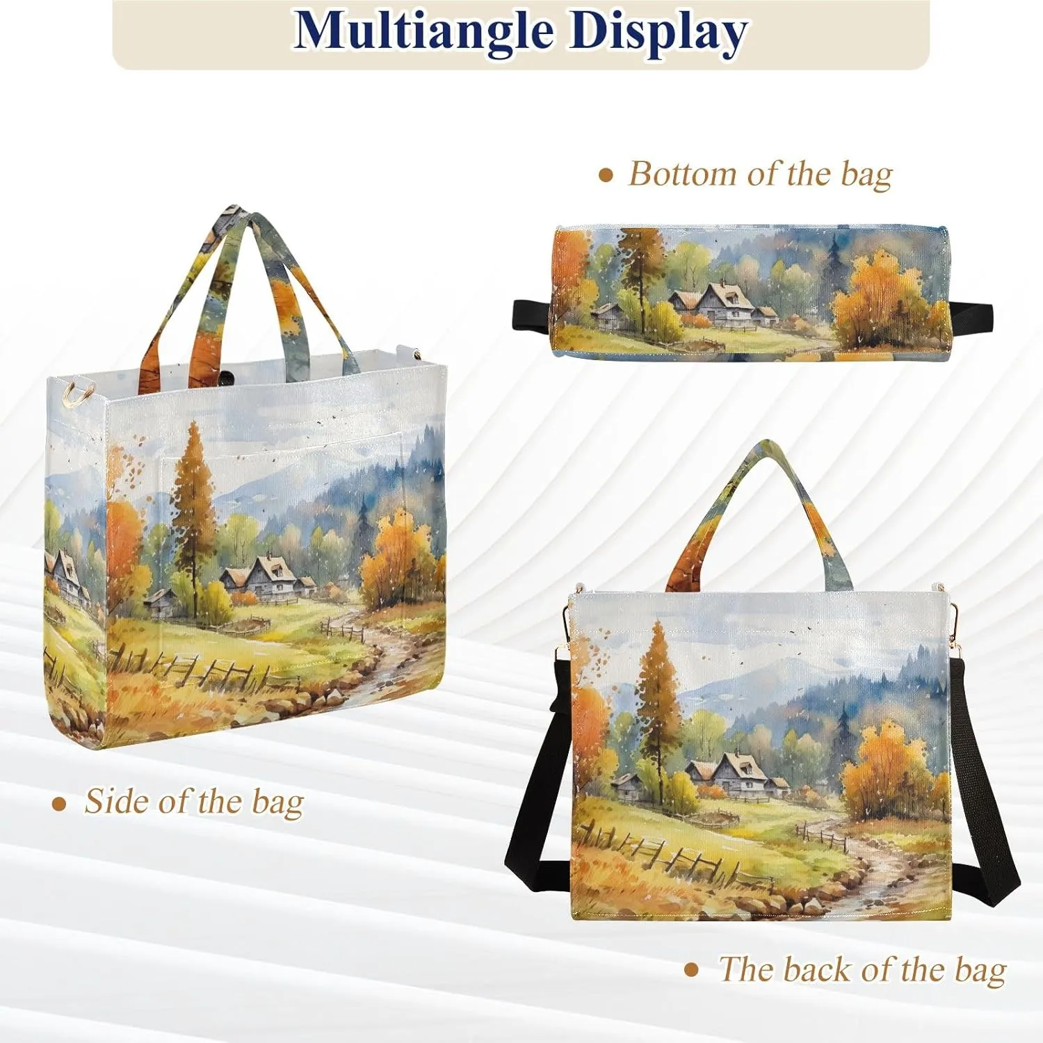 Corduroy Tote Bag Village View Painting Women Crossbody Bag with Detachable and Adjustable Shoulder Strap