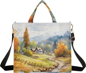 Corduroy Tote Bag Village View Painting Women Crossbody Bag with Detachable and Adjustable Shoulder Strap