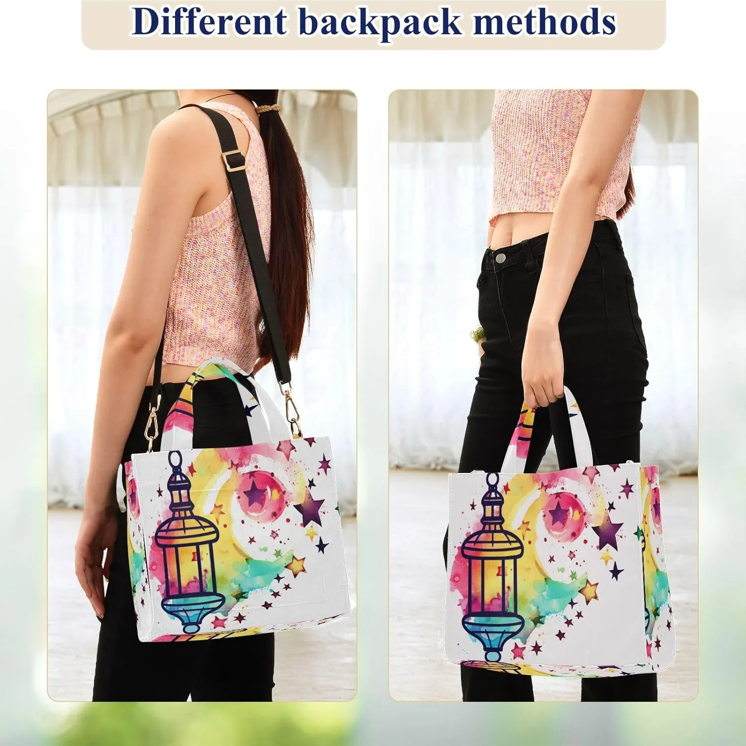 Corduroy Tote Bag Watercolor Lamp and Stars Women Crossbody Bag with Detachable and Adjustable Shoulder Strap