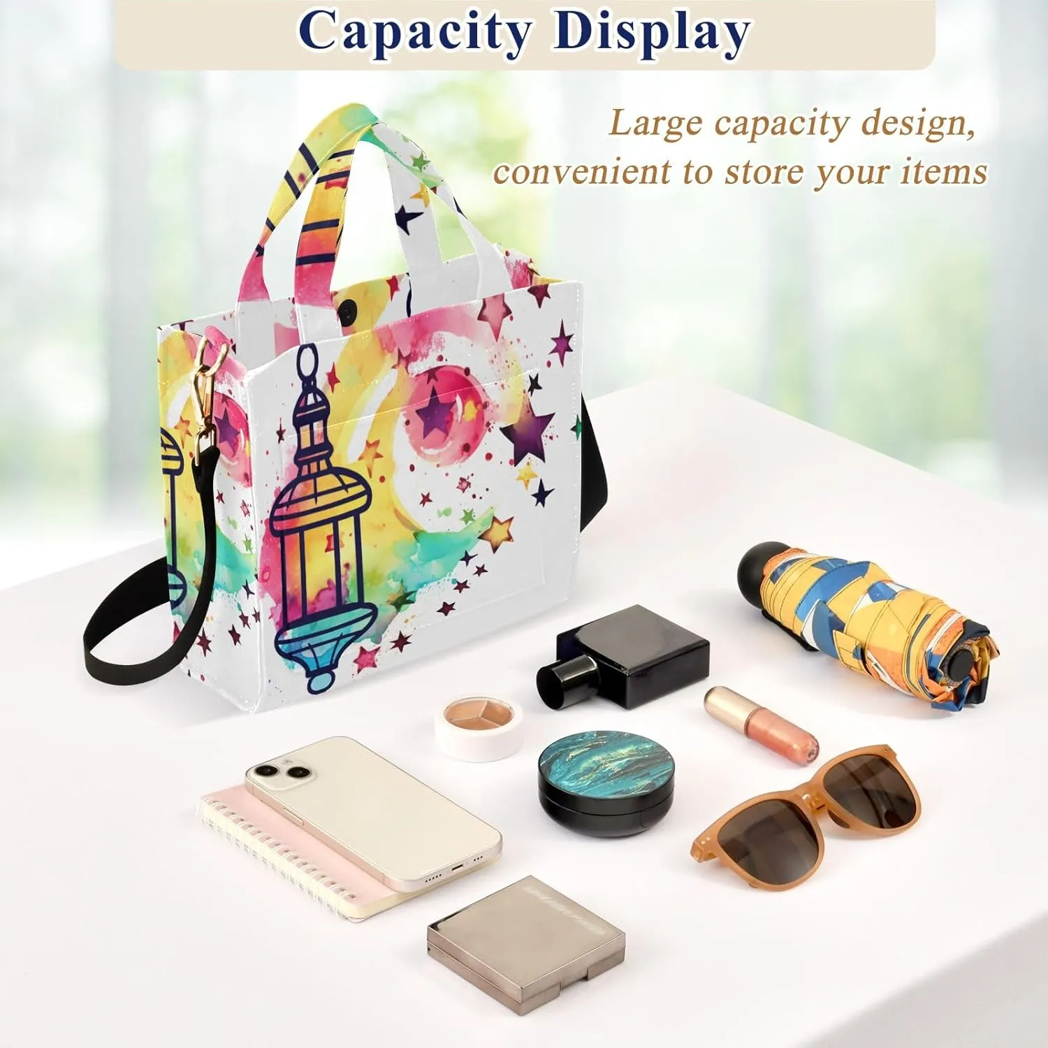 Corduroy Tote Bag Watercolor Lamp and Stars Women Crossbody Bag with Detachable and Adjustable Shoulder Strap