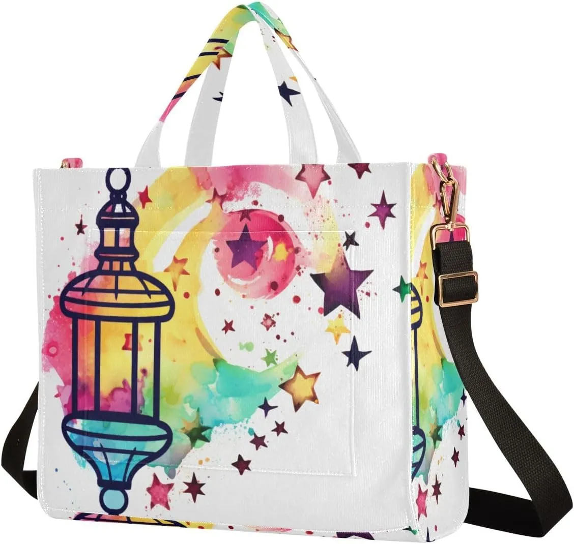 Corduroy Tote Bag Watercolor Lamp and Stars Women Crossbody Bag with Detachable and Adjustable Shoulder Strap
