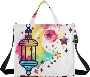 Corduroy Tote Bag Watercolor Lamp and Stars Women Crossbody Bag with Detachable and Adjustable Shoulder Strap