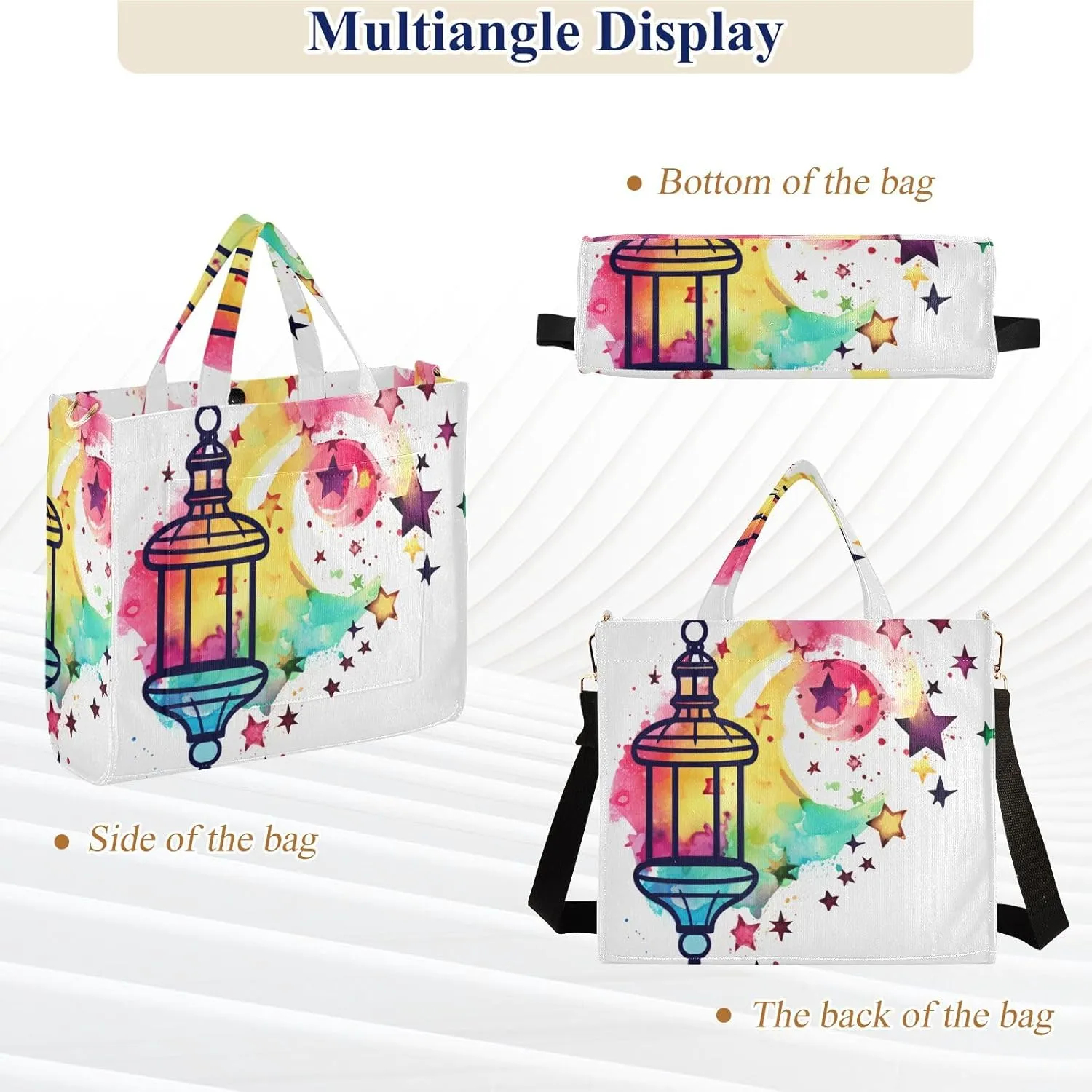 Corduroy Tote Bag Watercolor Lamp and Stars Women Crossbody Bag with Detachable and Adjustable Shoulder Strap