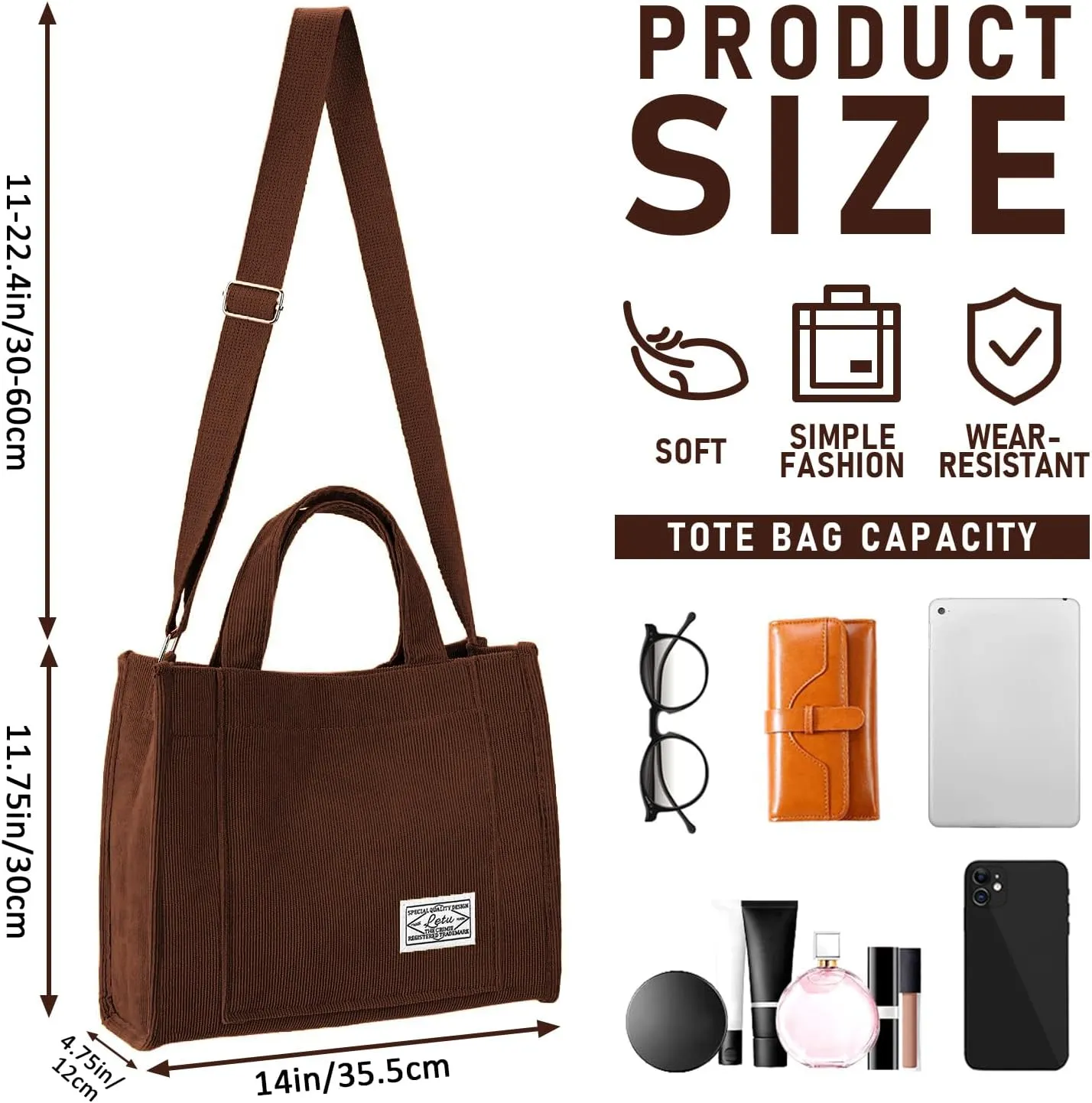 Corduroy Tote Canvas Bag, Large Satchel Handbag Shoulder Bags Fashion Casual Travel Shopping Daily Bag