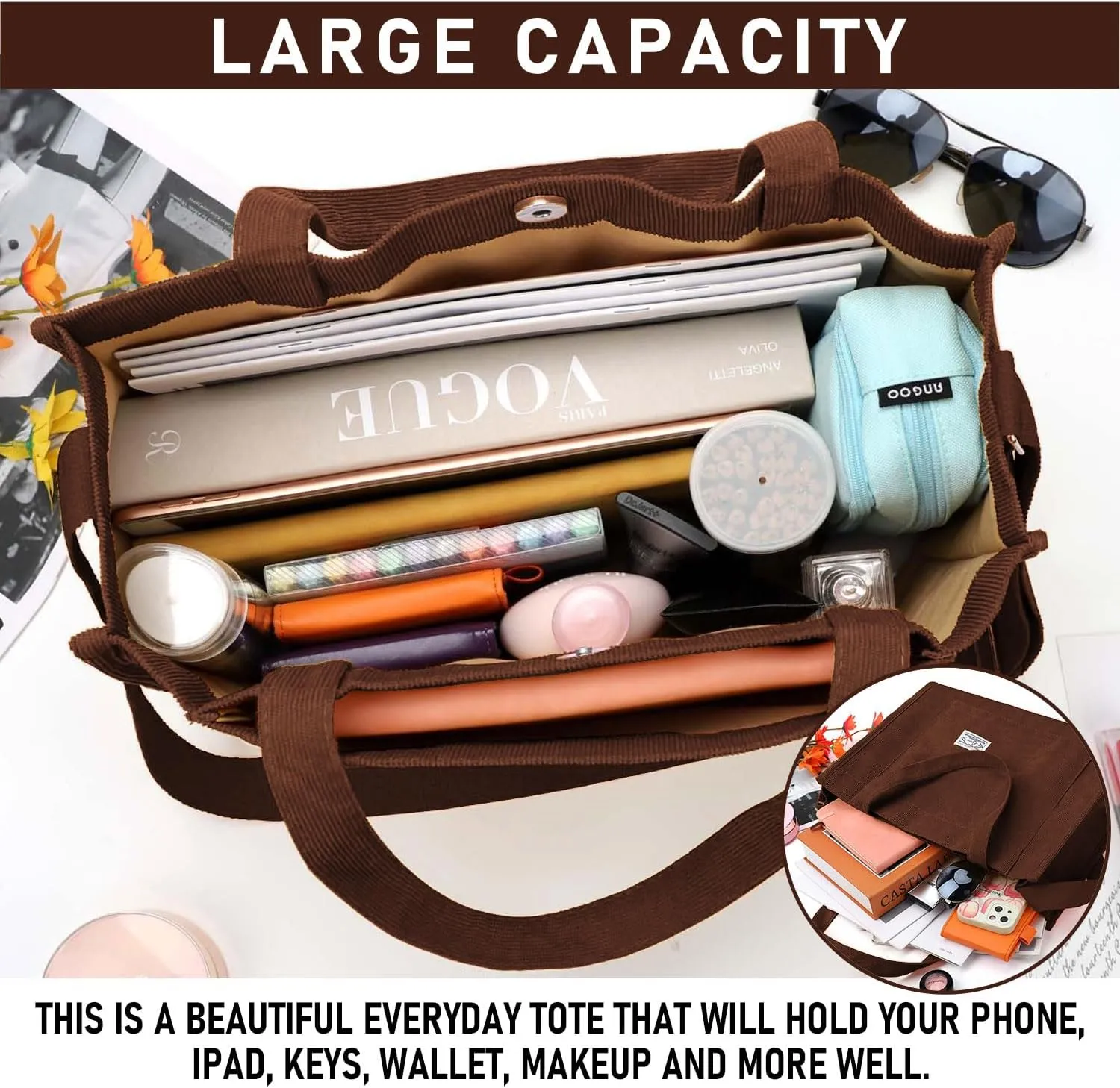 Corduroy Tote Canvas Bag, Large Satchel Handbag Shoulder Bags Fashion Casual Travel Shopping Daily Bag