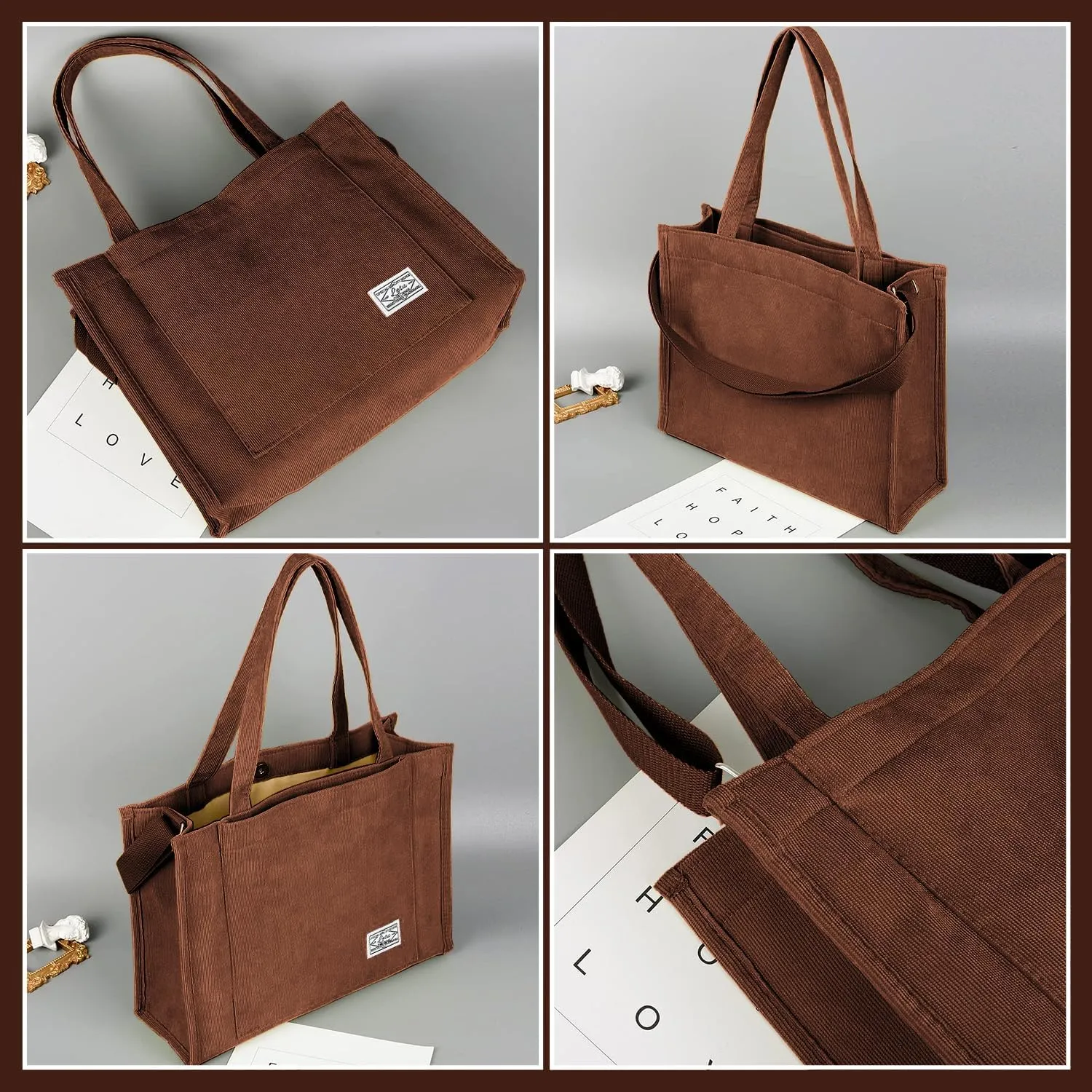Corduroy Tote Canvas Bag, Large Satchel Handbag Shoulder Bags Fashion Casual Travel Shopping Daily Bag