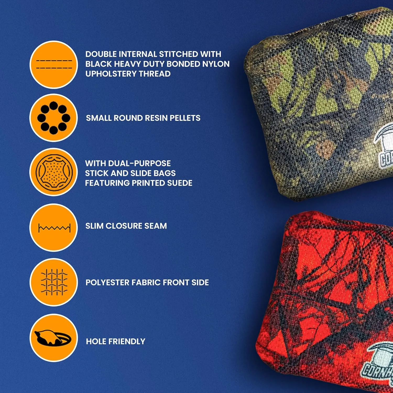 Cornhole365 - Stick & Slide - Professional Corn Hole Bag - Heavy-Duty Double-Stitched Polyester Fabric & Resin Filling for All-Weather - Versatile Regulation Size Cornhole Bean Bags - Set of 8