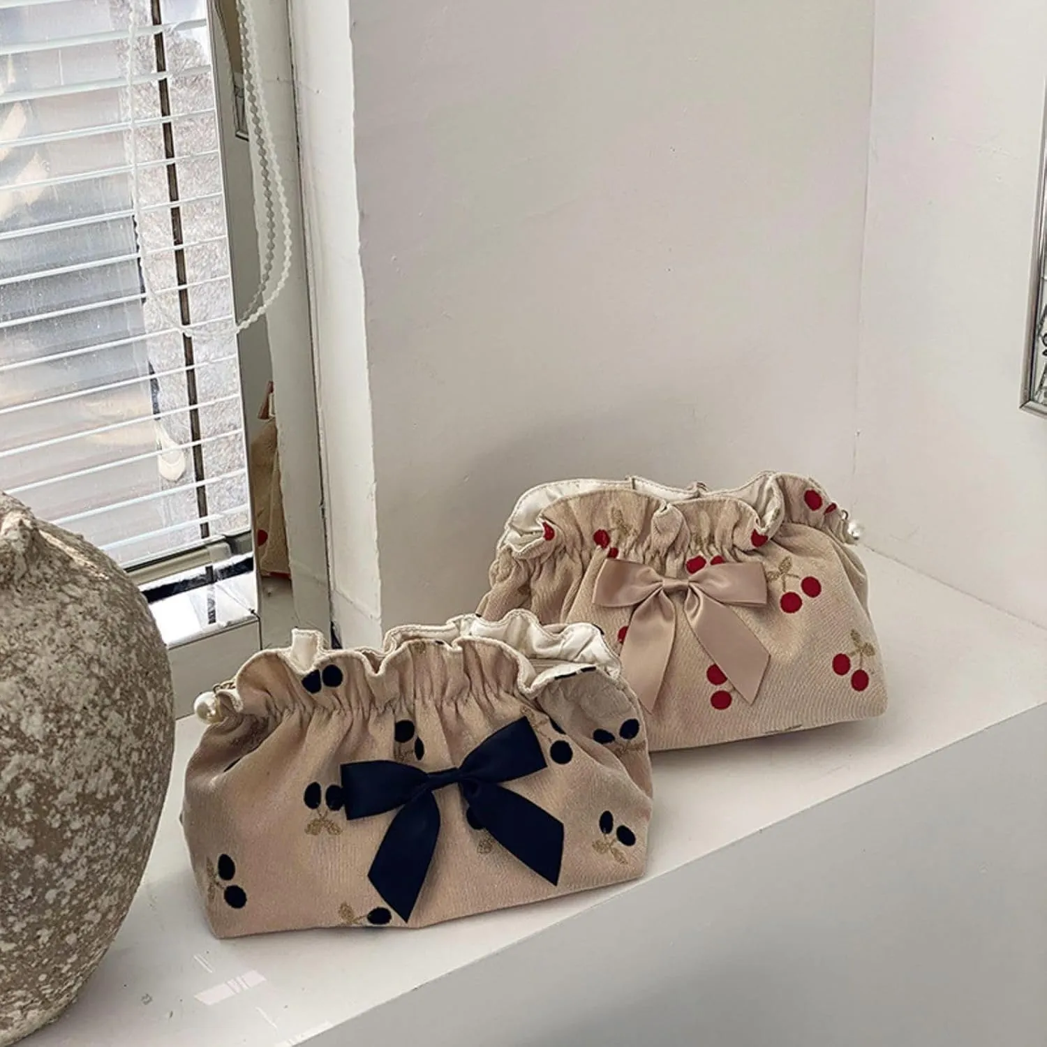 Cosmetic Bag Female Large-Capacity Cosmetic Bag Travel Carrying Bag Corduroy Cherry Bow Storage Bag(style2)