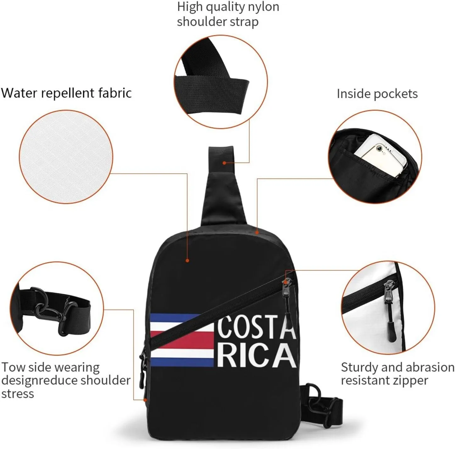 Costa Rica Flag Costa Rican Flags Packable Crossbody Bag Portable Sling Bags Foldable Travel Daypack Reusable Sports Shoulder Backpack Diagonally Chest Bag for Workout