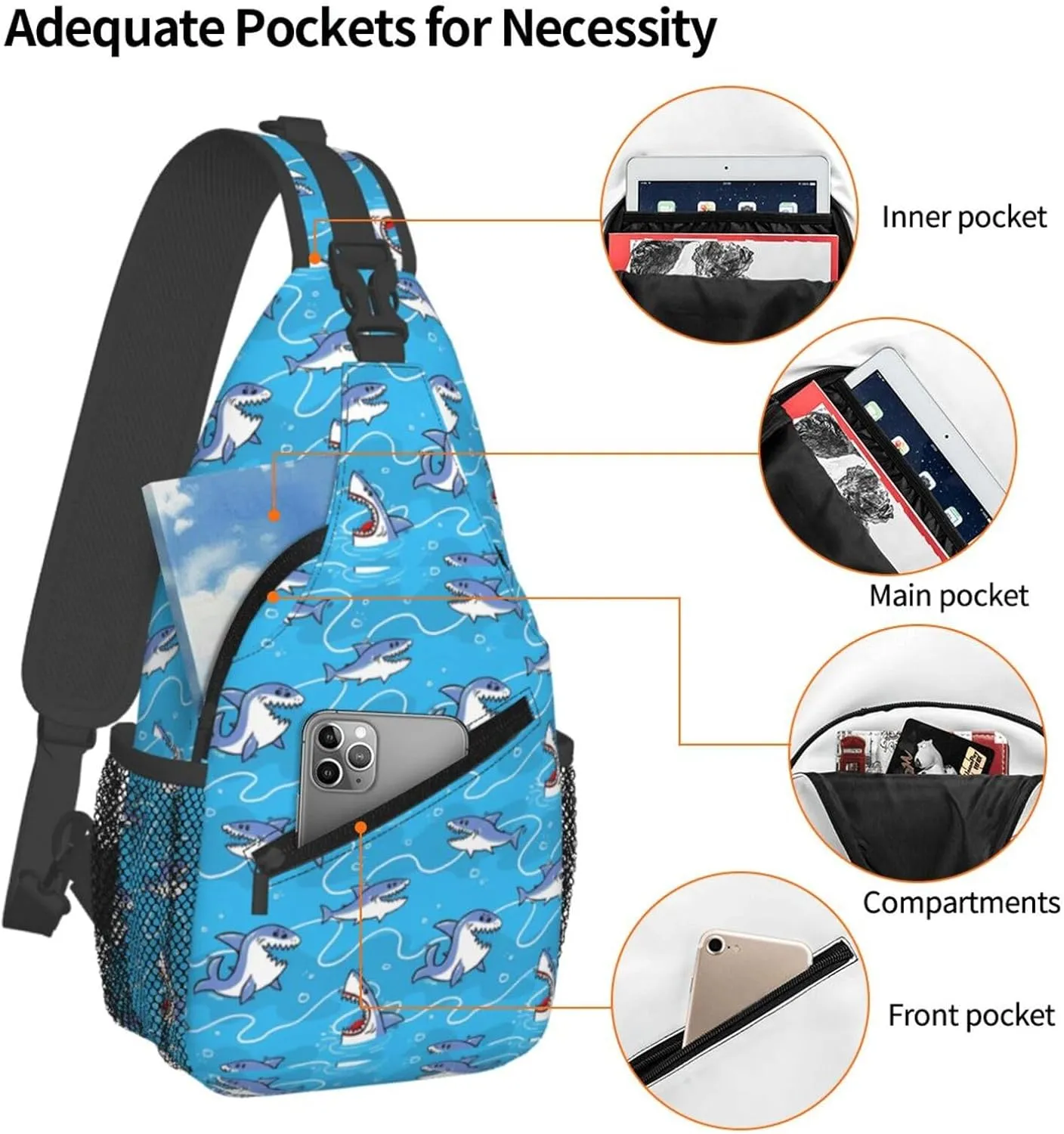 Cotton Shark Chest Sling Bag Crossbody Shoulder Backpack Bag Gym Cycling Daypack Travel Hiking Cross Bag