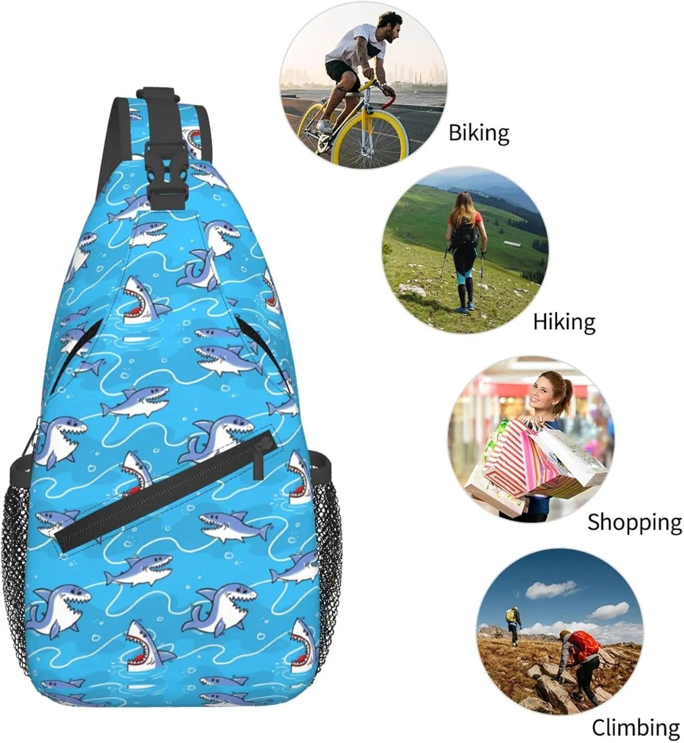 Cotton Shark Chest Sling Bag Crossbody Shoulder Backpack Bag Gym Cycling Daypack Travel Hiking Cross Bag