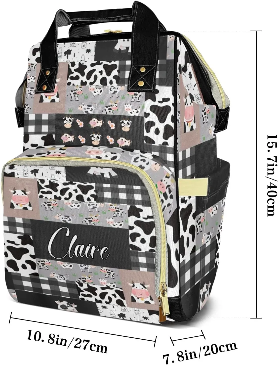 Cow Pattern Patchwork Personalized Diaper Bag Backpack Name Custom Mommy Nappy Baby Bag Daypack for Mom Dad Gifts