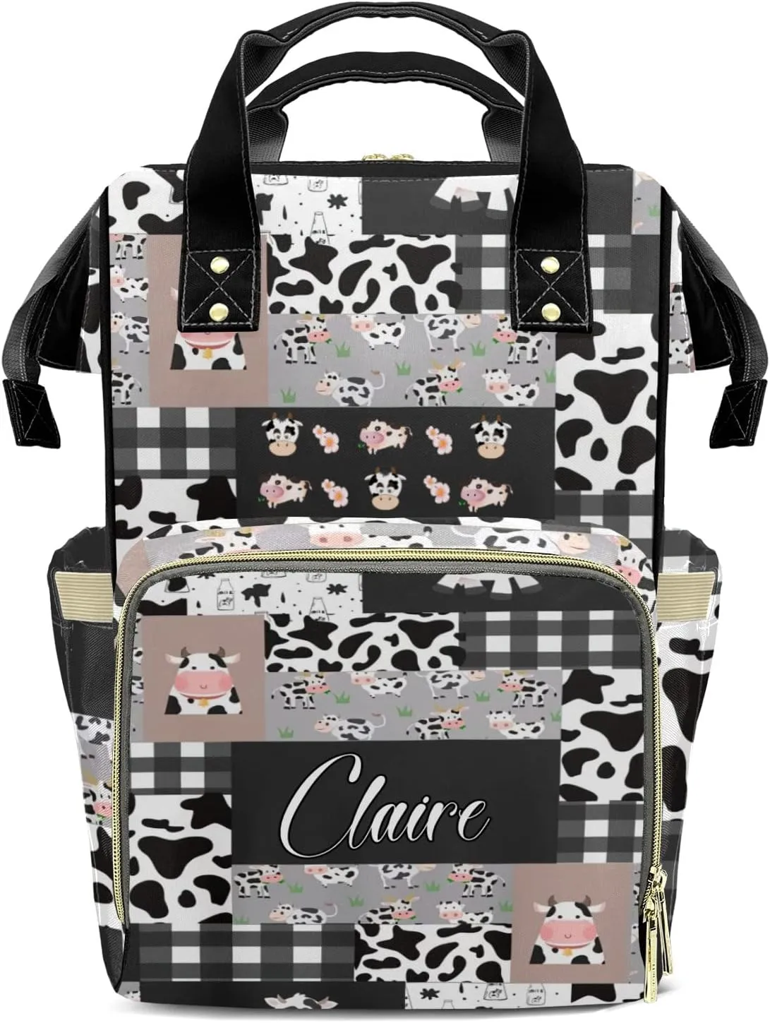 Cow Pattern Patchwork Personalized Diaper Bag Backpack Name Custom Mommy Nappy Baby Bag Daypack for Mom Dad Gifts
