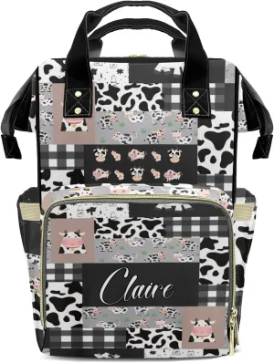 Cow Pattern Patchwork Personalized Diaper Bag Backpack Name Custom Mommy Nappy Baby Bag Daypack for Mom Dad Gifts