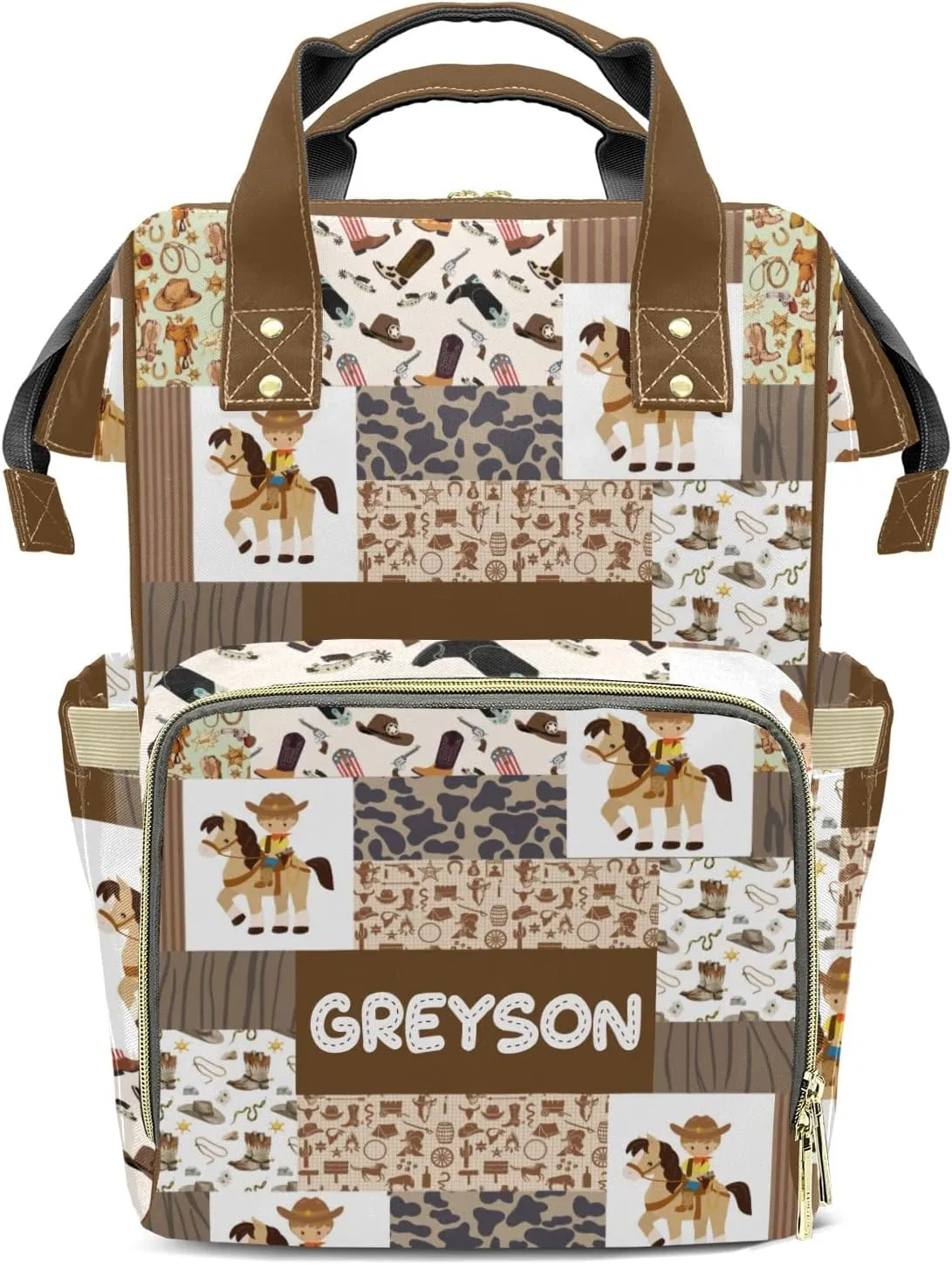 Cowboy Western Patchwork Personalized Large Capacity Diaper Bags,Custom Name Backpack Casual Daypack Bag Nappy Bag Gifts