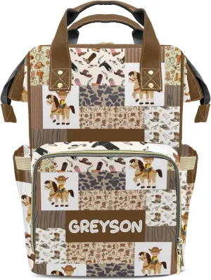 Cowboy Western Patchwork Personalized Large Capacity Diaper Bags,Custom Name Backpack Casual Daypack Bag Nappy Bag Gifts