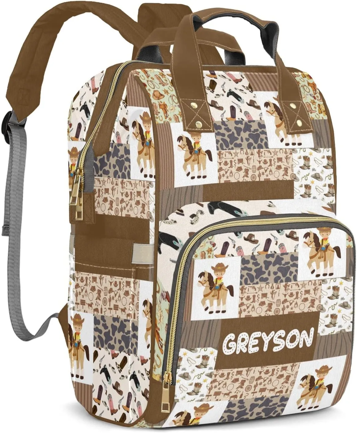 Cowboy Western Patchwork Personalized Large Capacity Diaper Bags,Custom Name Backpack Casual Daypack Bag Nappy Bag Gifts