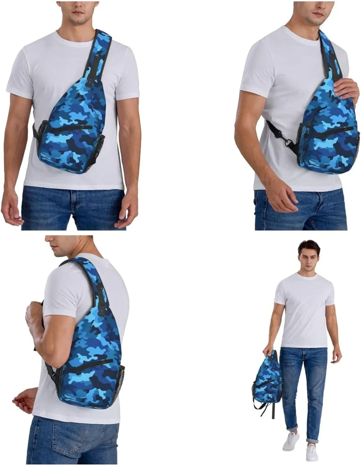Cross Chest Bag Diagonally Sling Backpack Crossbody Shoulder Bag Blue Camo Sling Bag Travel Hiking Daypack