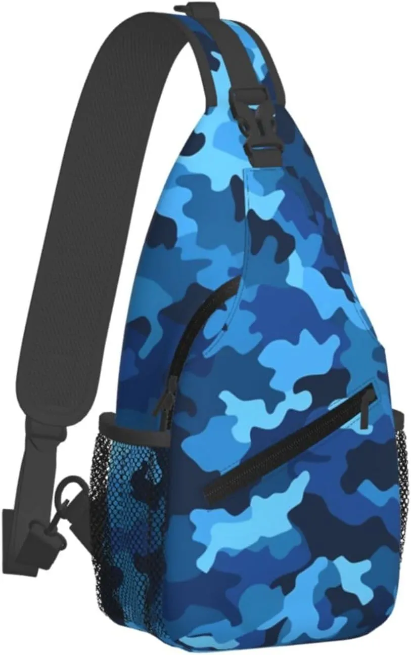 Cross Chest Bag Diagonally Sling Backpack Crossbody Shoulder Bag Blue Camo Sling Bag Travel Hiking Daypack