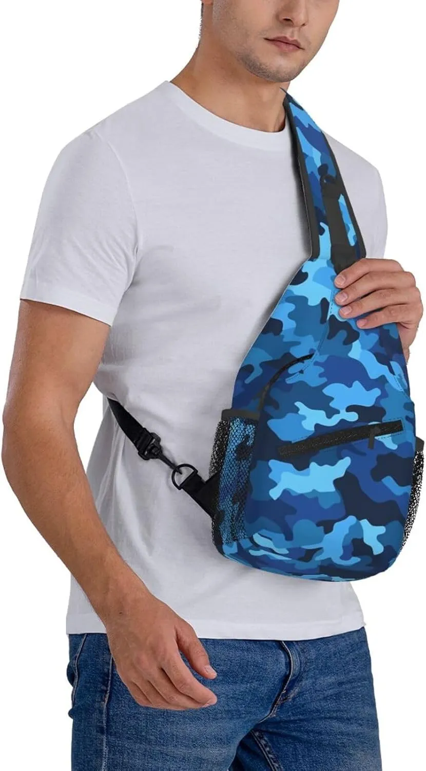 Cross Chest Bag Diagonally Sling Backpack Crossbody Shoulder Bag Blue Camo Sling Bag Travel Hiking Daypack