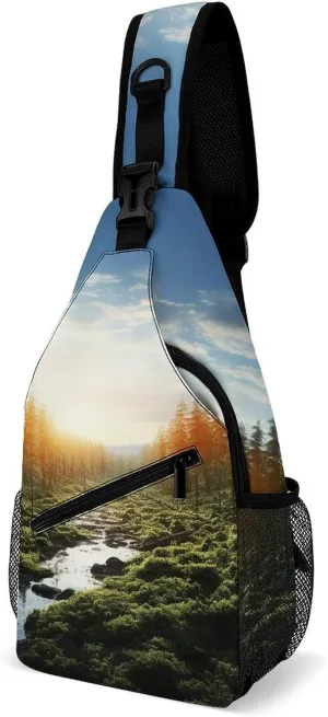 Cross Chest Bag Diagonally Sling Backpack Crossbody Shoulder Bags Forest in Sunset Time Sling Bag Travel Hiking Daypack