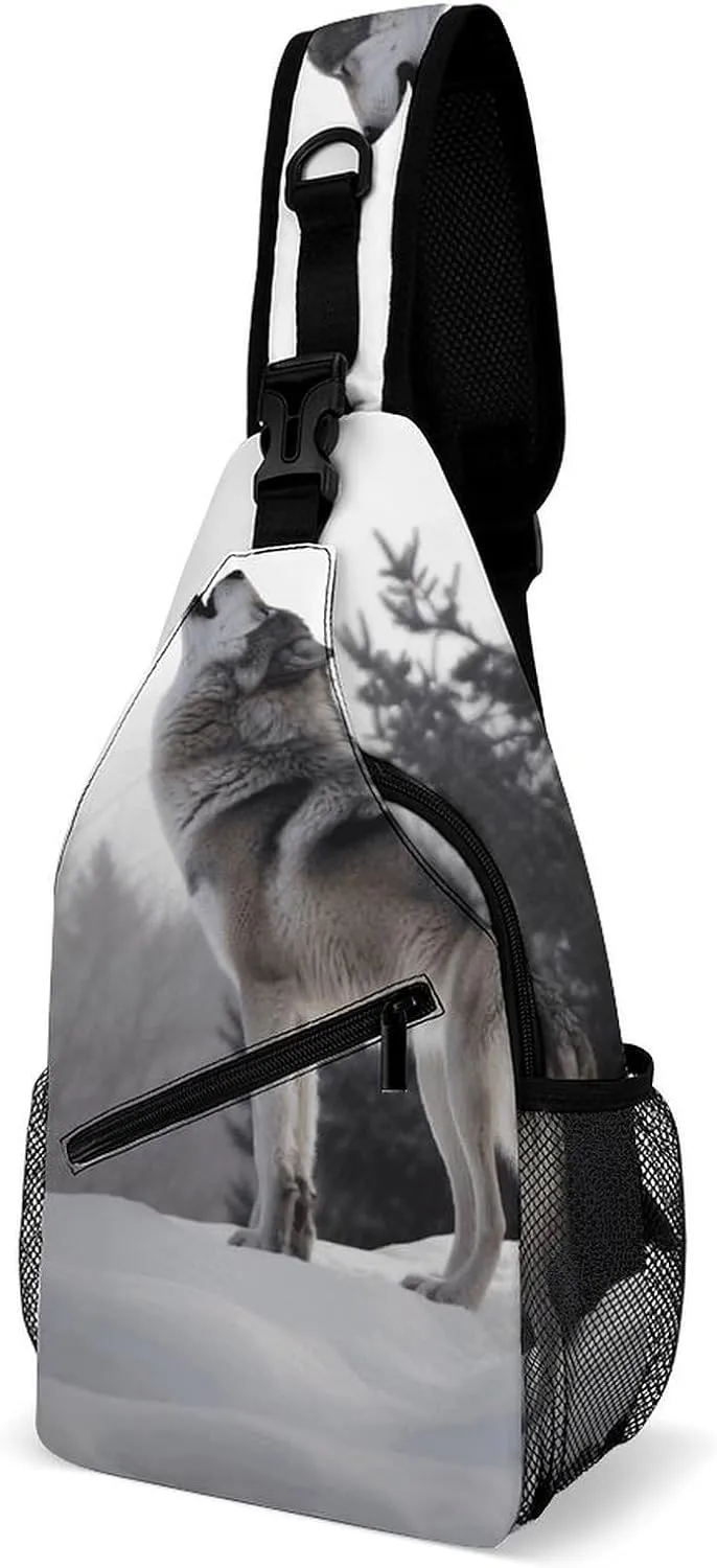 Cross Chest Bag Diagonally Sling Backpack Crossbody Shoulder Bags Howling Wolf Sling Bag Travel Hiking Daypack