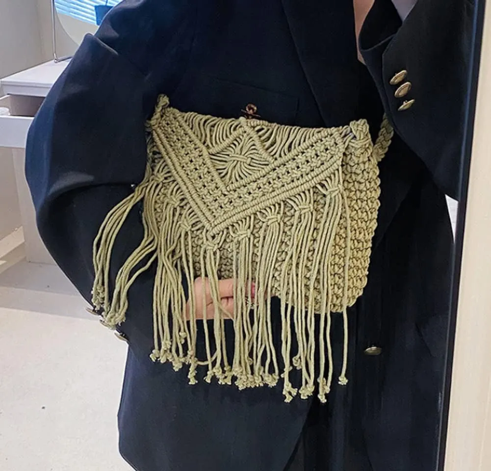 Crossbody Purse for Women Cute Macrame Hobo Satchel Bags Knit Summer Beach Bag Tassels Shoulder Crochet Tote Handbag