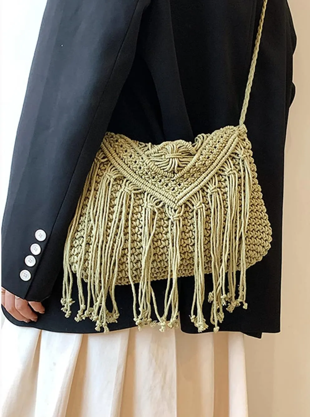 Crossbody Purse for Women Cute Macrame Hobo Satchel Bags Knit Summer Beach Bag Tassels Shoulder Crochet Tote Handbag