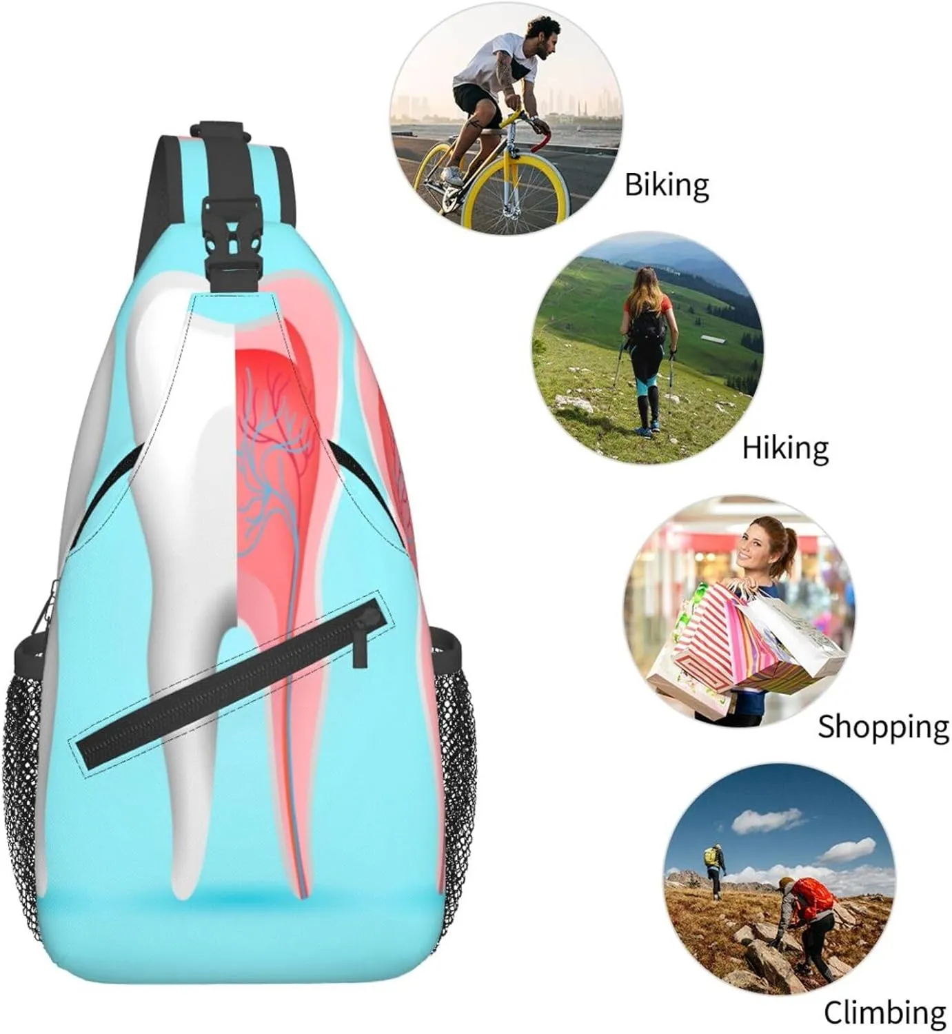 Crossbody Sling Bag for Men Women, Dentist Tooth Sling Backpack Shoulder Chest Bag, Anti Theft Travel Hiking Daypacks