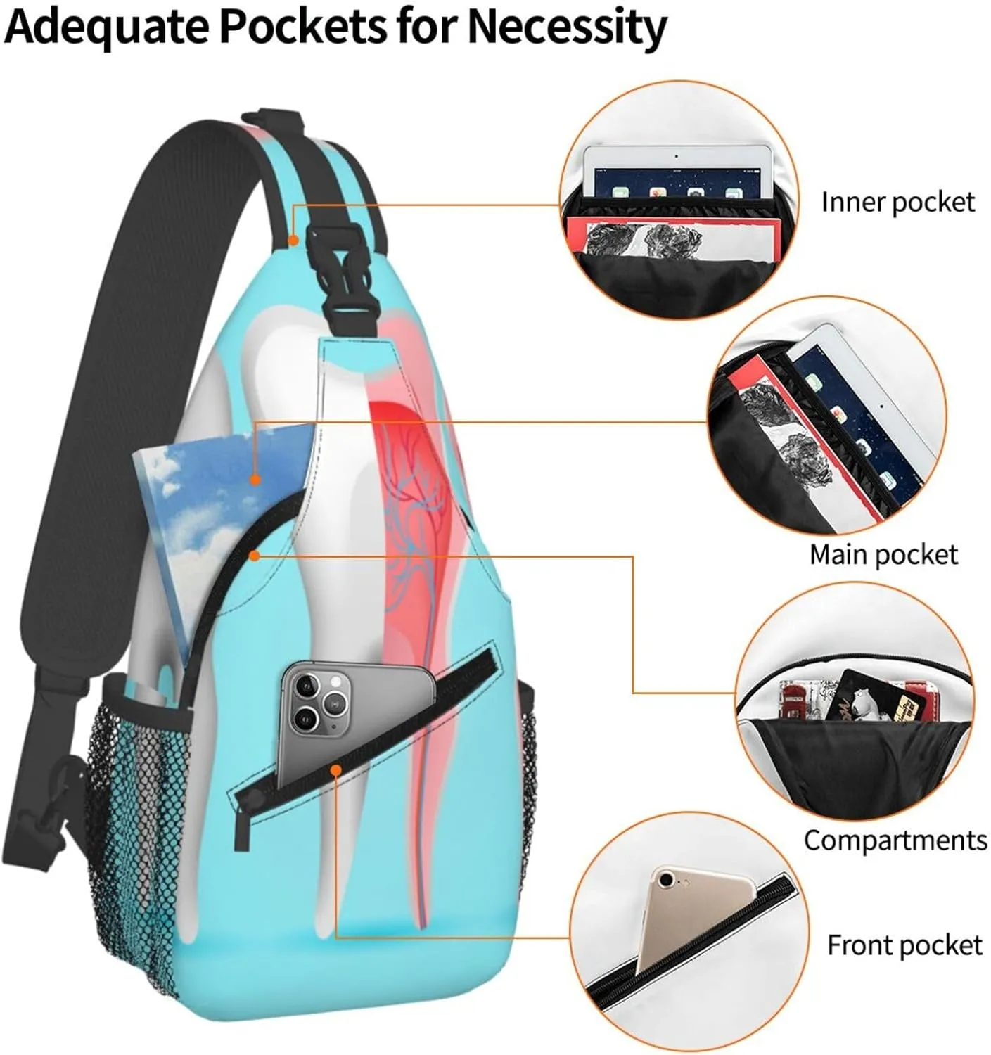 Crossbody Sling Bag for Men Women, Dentist Tooth Sling Backpack Shoulder Chest Bag, Anti Theft Travel Hiking Daypacks