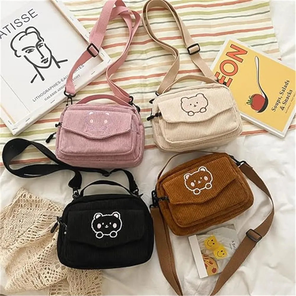 Cute Bags Kawaii Purse Wallets Aesthetic Small Corduroy Crossbody Bag with Bear Keychains Kawaii Gift for Women Teen Girls