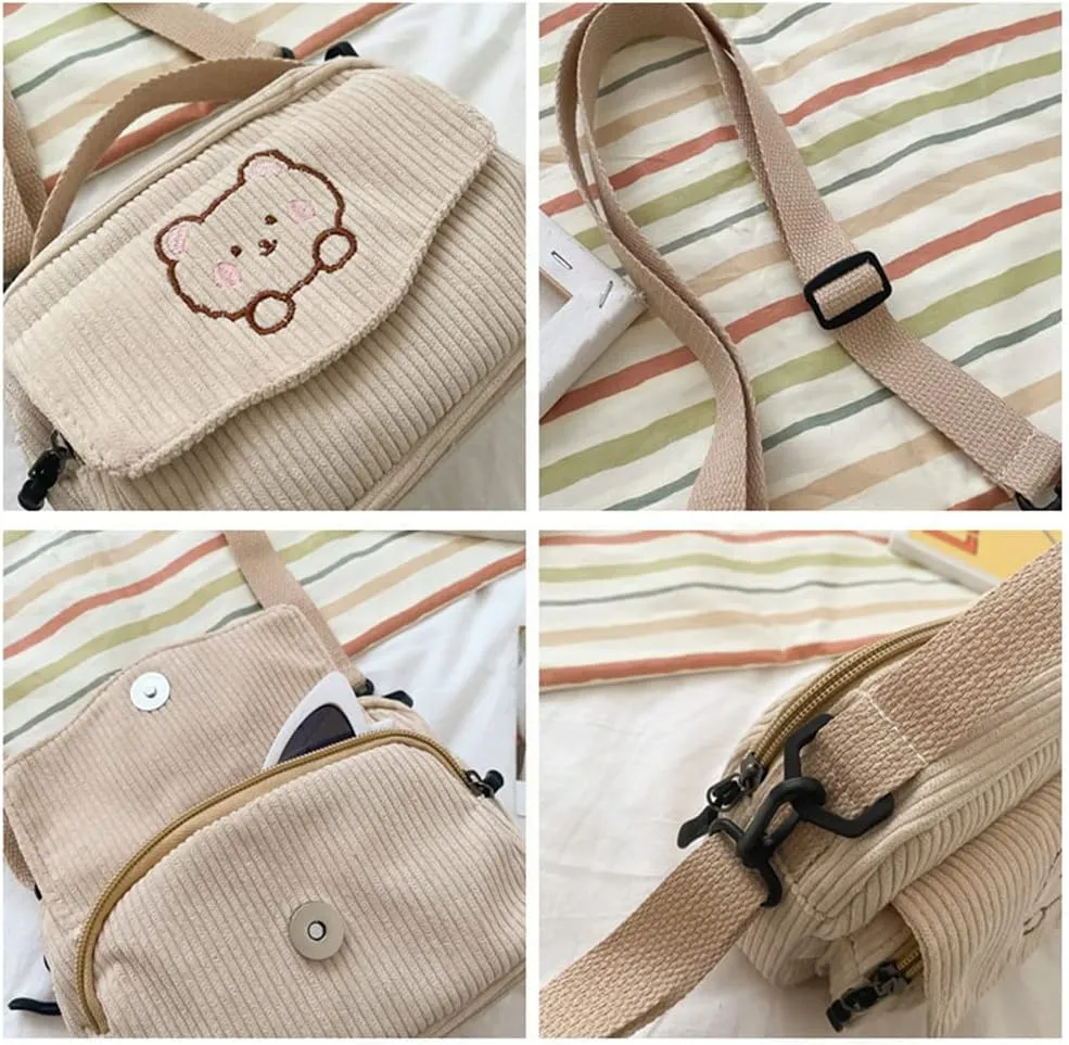 Cute Bags Kawaii Purse Wallets Aesthetic Small Corduroy Crossbody Bag with Bear Keychains Kawaii Gift for Women Teen Girls