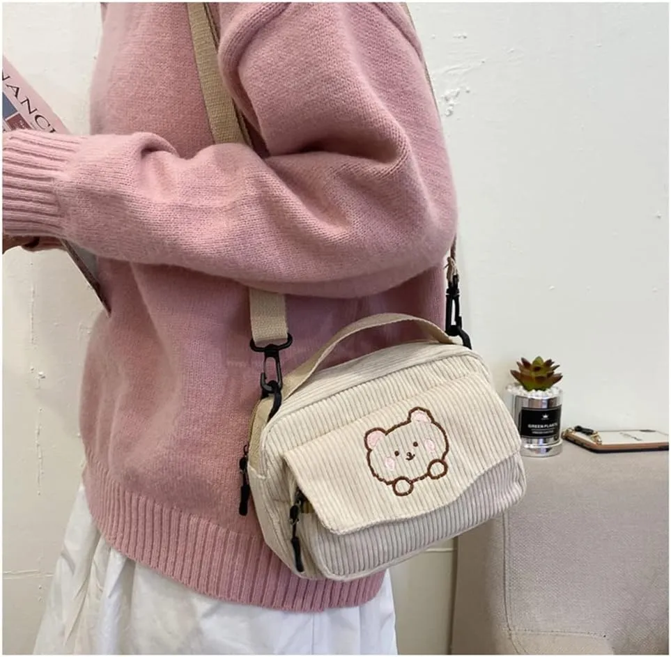 Cute Bags Kawaii Purse Wallets Aesthetic Small Corduroy Crossbody Bag with Bear Keychains Kawaii Gift for Women Teen Girls