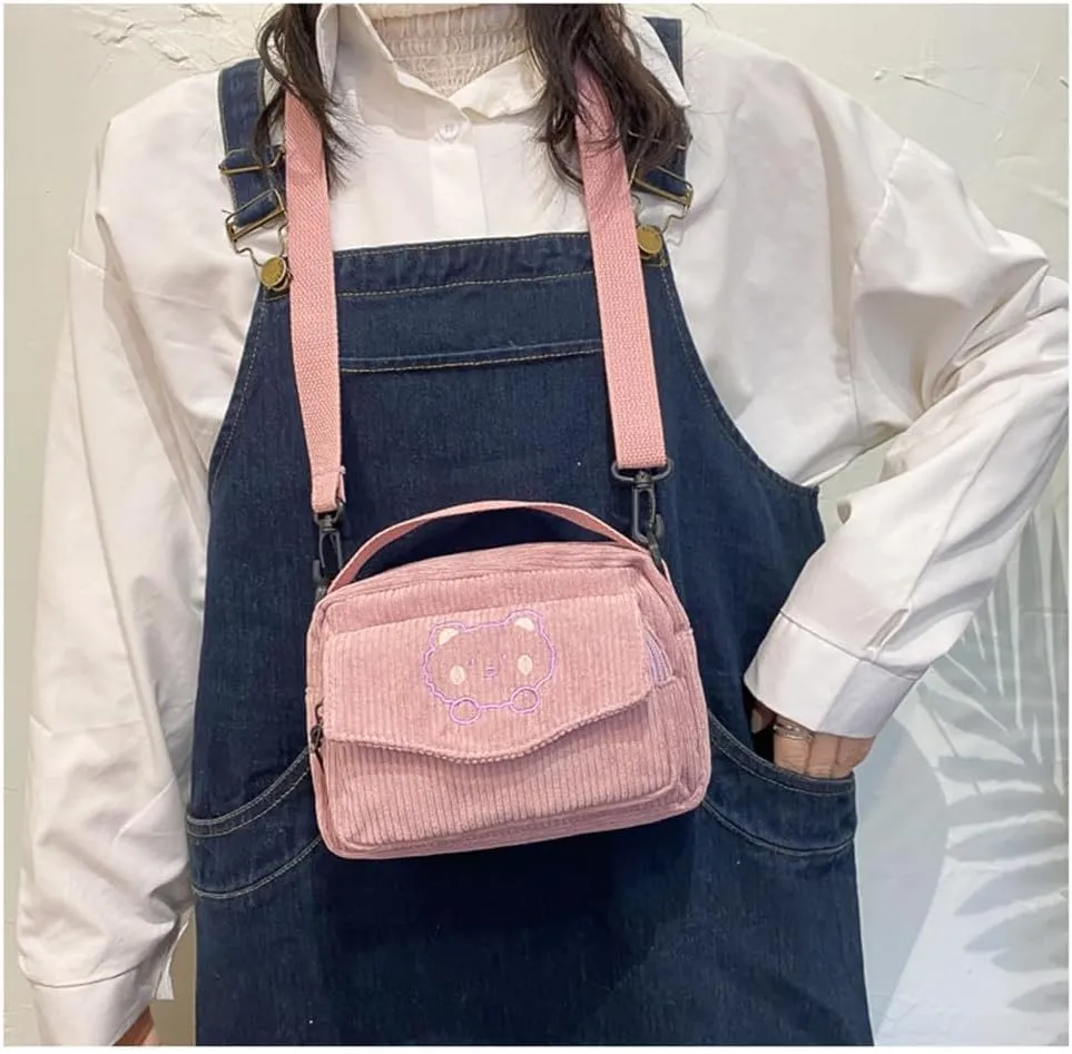 Cute Bags Kawaii Purse Wallets Aesthetic Small Corduroy Crossbody Bag with Bear Keychains Kawaii Gift for Women Teen Girls