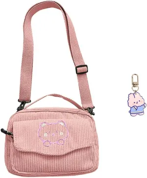Cute Bags Kawaii Purse Wallets Aesthetic Small Corduroy Crossbody Bag with Bear Keychains Kawaii Gift for Women Teen Girls