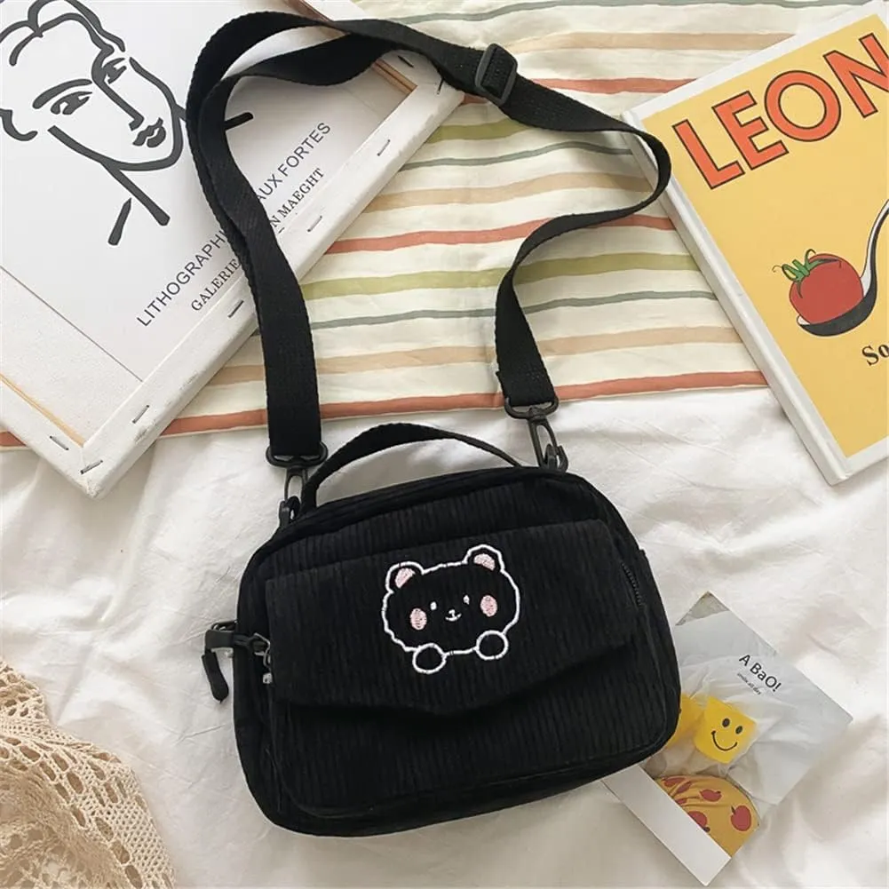 Cute Bags Kawaii Purse Wallets Aesthetic Small Corduroy Crossbody Bag with Bear Keychains Kawaii Gift for Women Teen Girls